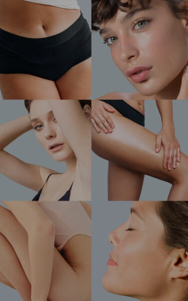 Collage of women showcasing glowing skin on their face, arms, thighs, and legs, emphasizing beauty and skincare with soft natural tones.