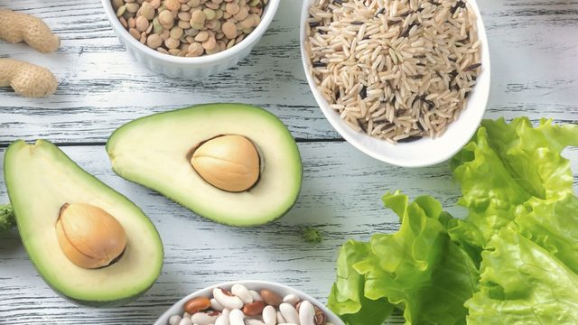 Broccoli, avocado, grains, rice, lettuce, chili, banana.