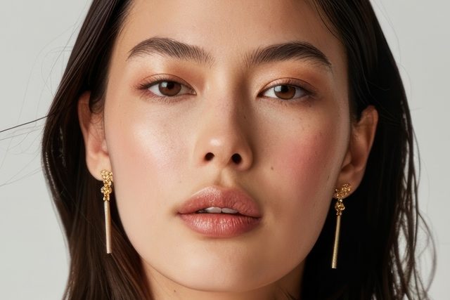 Woman's face with brown eyes and dark hair wearing long gold earrings.